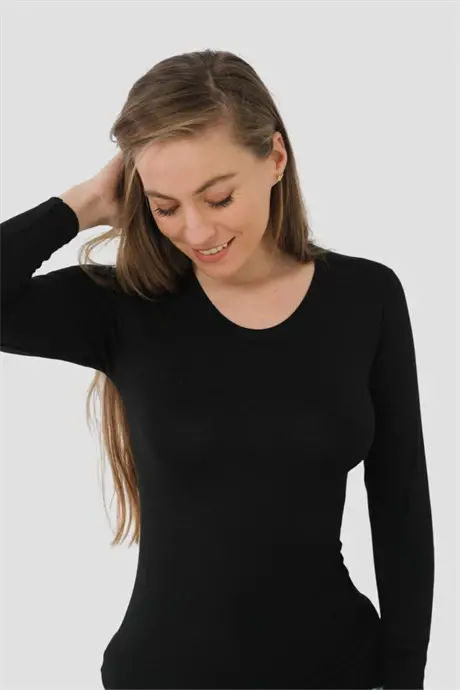 Angelino Lingerie Women's Ribbed Black Long Sleeve Bodysuit - 2