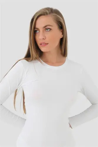 Angelino Lingerie Women's White Rib Long Sleeve Bodysuit - BÜYÜKBEDENIZ (1)