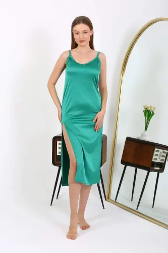 Angelino Long Satin Nightgown with Slit Emerald 7410 - 6