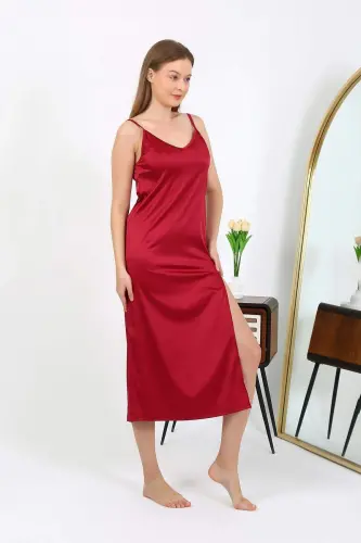 Angelino Long Slit Satin Nightgown Burgundy 7410 - 12