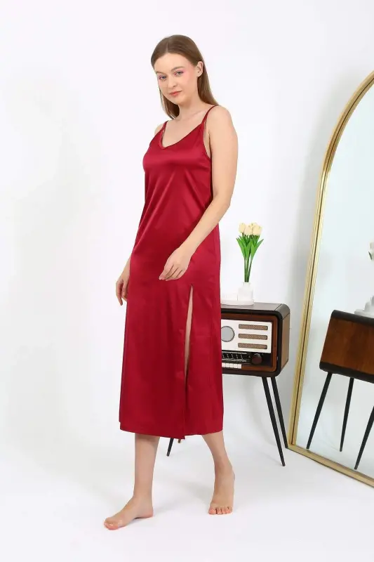 Angelino Long Slit Satin Nightgown Burgundy 7410 - 16