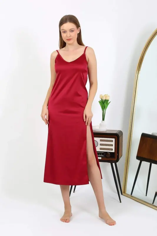Angelino Long Slit Satin Nightgown Burgundy 7410 - 2