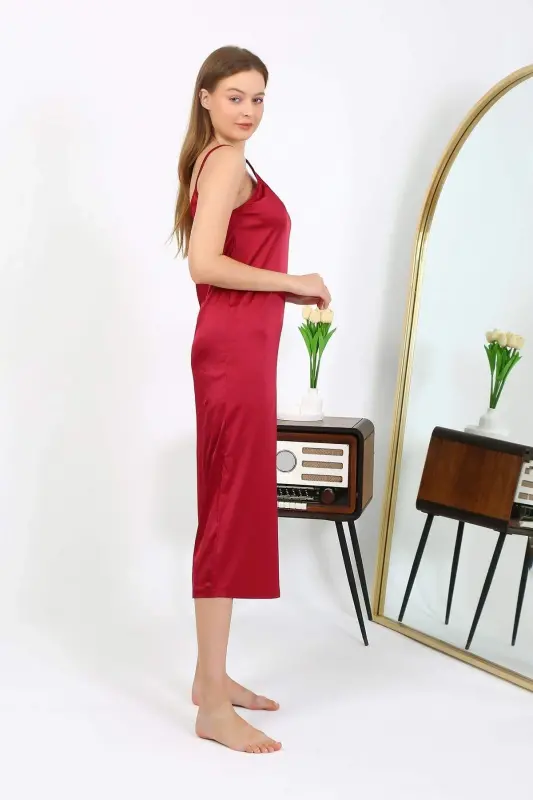 Angelino Long Slit Satin Nightgown Burgundy 7410 - 3