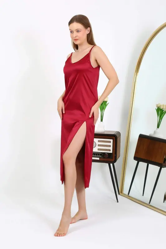 Angelino Long Slit Satin Nightgown Burgundy 7410 - 5
