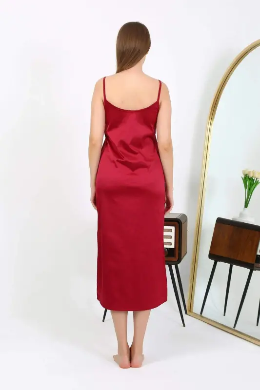 Angelino Long Slit Satin Nightgown Burgundy 7410 - 11