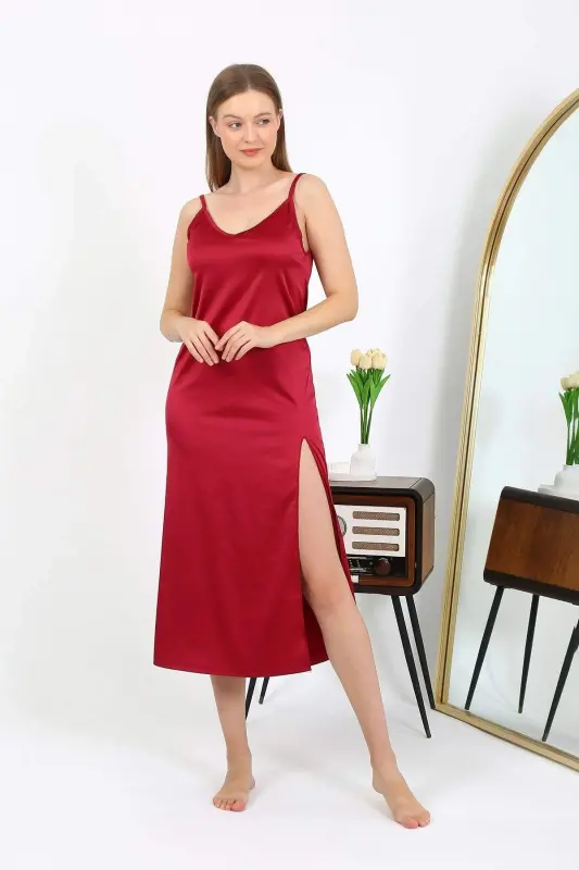 Angelino Long Slit Satin Nightgown Burgundy 7410 - 7