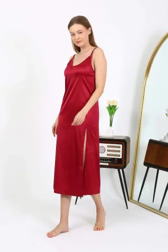 Angelino Long Slit Satin Nightgown Burgundy 7410 - 9