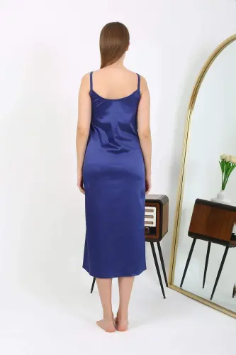 Angelino Long Slit Satin Nightgown Navy 7410 - 4