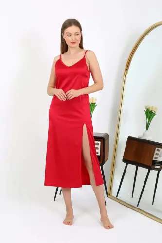 Angelino Long Slit Satin Nightgown Red 7410 - 2