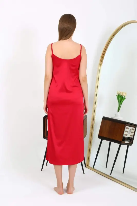 Angelino Long Slit Satin Nightgown Red 7410 - 9