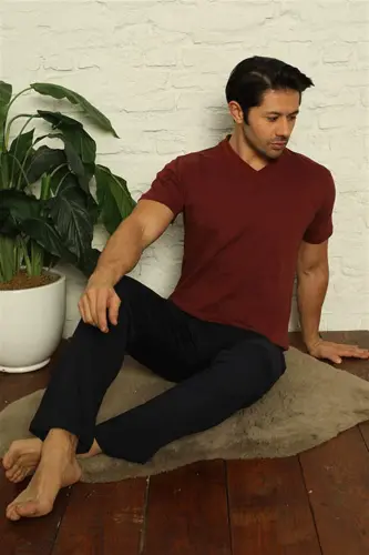 Angelino Men's Burgundy V-Neck 3-Piece Pajama Set 6822 - 4
