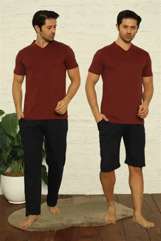Angelino Men's Burgundy V-Neck 3-Piece Pajama Set 6822 - 6