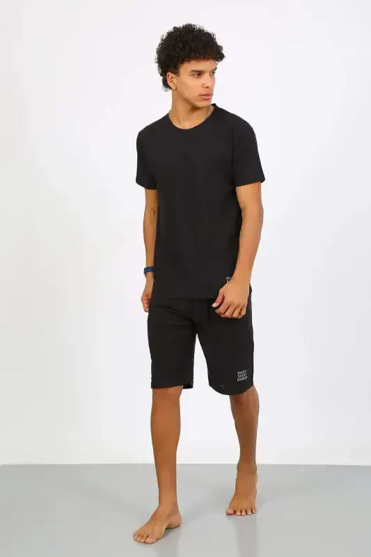 Angelino Men's Cotton Lacoste Top and Bottom Capri Pajama Set Black 6872 - 1