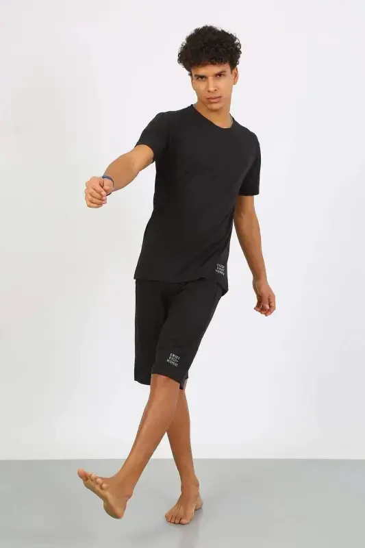 Angelino Men's Cotton Lacoste Top and Bottom Capri Pajama Set Black 6872 - 7