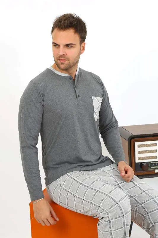 Angelino Men's Long Sleeve Cotton Anthracite Pajama Set 6861 - 12