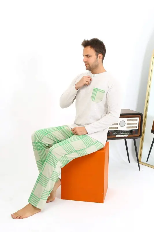 Angelino Men's Long Sleeve Cotton Cream Pajama Set 6861 - 3