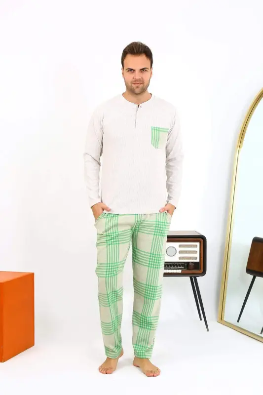 Angelino Men's Long Sleeve Cotton Cream Pajama Set 6861 - 5
