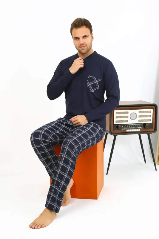 Angelino Men's Long Sleeve Cotton Navy Blue Pajama Set 6861 - 4