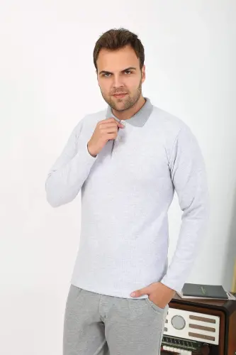 Angelino Men's Polo Collar Long Sleeve Cotton Pajama Set Gray 6864 - 1