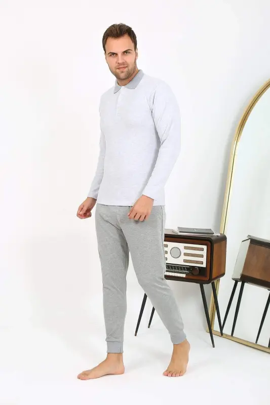 Angelino Men's Polo Collar Long Sleeve Cotton Pajama Set Gray 6864 - 2