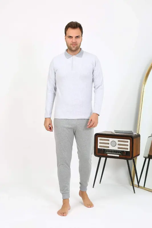 Angelino Men's Polo Collar Long Sleeve Cotton Pajama Set Gray 6864 - 3