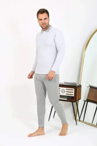 Angelino Men's Polo Collar Long Sleeve Cotton Pajama Set Gray 6864 - 7