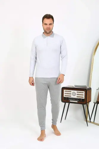 Angelino Men's Polo Collar Long Sleeve Cotton Pajama Set Gray 6864 - 8