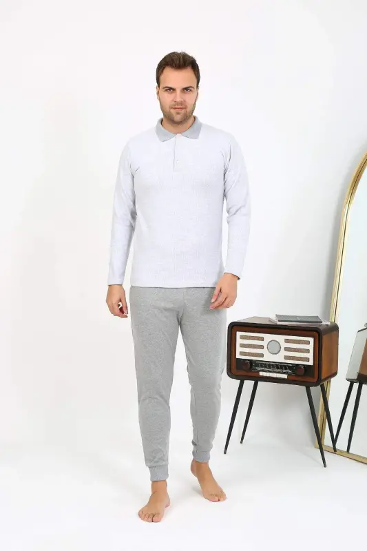 Angelino Men's Polo Collar Long Sleeve Cotton Pajama Set Gray 6864 - 8