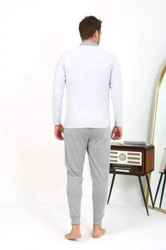 Angelino Men's Polo Collar Long Sleeve Cotton Pajama Set Gray 6864 - 9