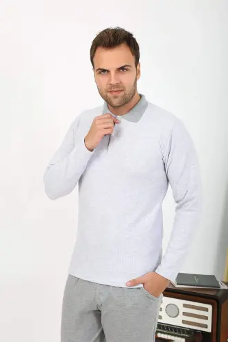 Angelino Men's Polo Collar Long Sleeve Cotton Pajama Set Gray 6864 - 6