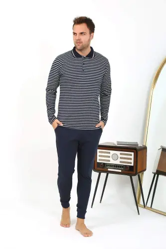 Angelino Men's Polo Collar Long Sleeve Cotton Pajama Set Navy Blue 6864 - 1