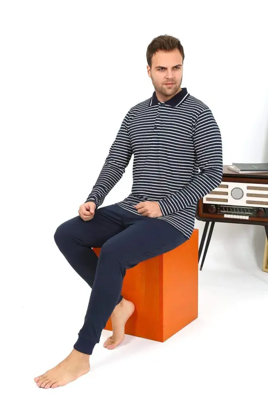 Angelino Men's Polo Collar Long Sleeve Cotton Pajama Set Navy Blue 6864 - 2