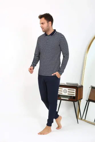 Angelino Men's Polo Collar Long Sleeve Cotton Pajama Set Navy Blue 6864 - 5