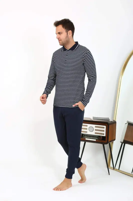 Angelino Men's Polo Collar Long Sleeve Cotton Pajama Set Navy Blue 6864 - 5