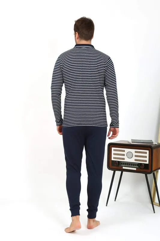 Angelino Men's Polo Collar Long Sleeve Cotton Pajama Set Navy Blue 6864 - 6