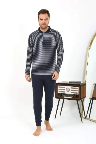 Angelino Men's Polo Collar Long Sleeve Cotton Pajama Set Navy Blue 6864 - 10
