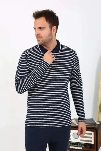 Angelino Men's Polo Collar Long Sleeve Cotton Pajama Set Navy Blue 6864 - 11