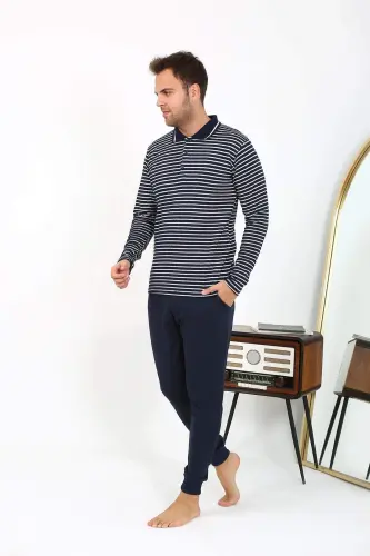 Angelino Men's Polo Collar Long Sleeve Cotton Pajama Set Navy Blue 6864 - 12