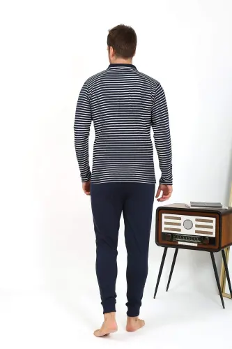 Angelino Men's Polo Collar Long Sleeve Cotton Pajama Set Navy Blue 6864 - 13