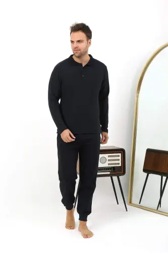 Angelino Men's Polo Neck Long Sleeve Cotton Pajama Set 6862 Navy - BÜYÜKBEDENIZ (1)