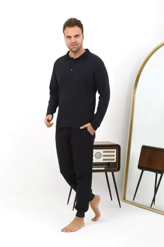 Angelino Men's Polo Neck Long Sleeve Cotton Pajama Set 6862 Navy - 4