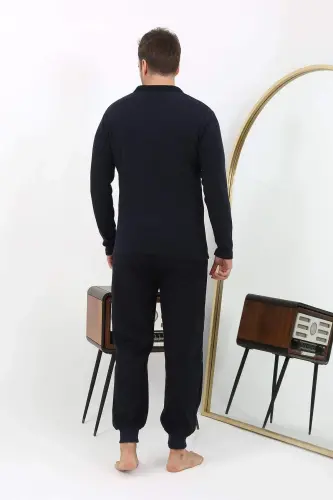 Angelino Men's Polo Neck Long Sleeve Cotton Pajama Set 6862 Navy - 5