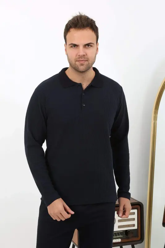 Angelino Men's Polo Neck Long Sleeve Cotton Pajama Set 6862 Navy - 6