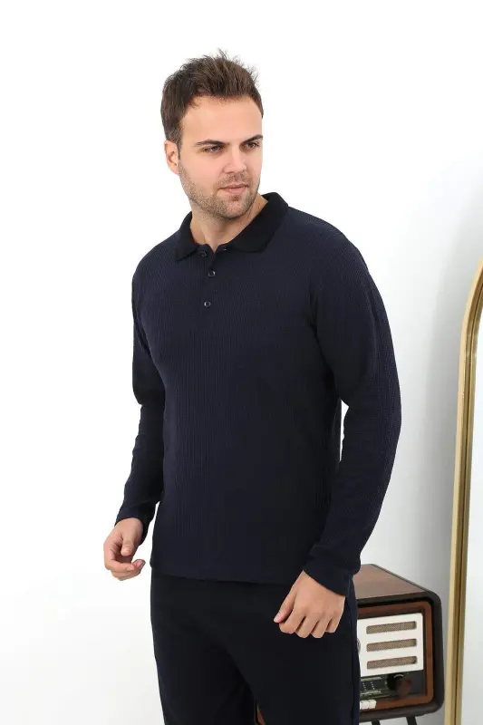 Angelino Men's Polo Neck Long Sleeve Cotton Pajama Set 6862 Navy - 8