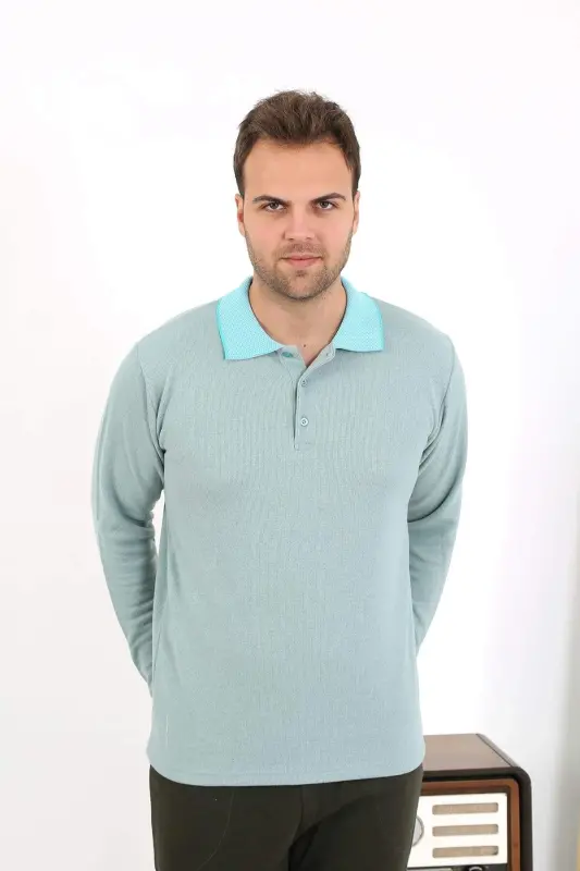 Angelino Men's Polo Neck Long Sleeve Cotton Pajama Set 6862 Sea Green - 1