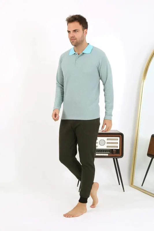 Angelino Men's Polo Neck Long Sleeve Cotton Pajama Set 6862 Sea Green - 9