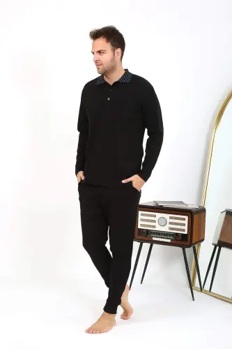 Angelino Men's Polo Neck Long Sleeve Cotton Pajama Set Black 6864 - 1