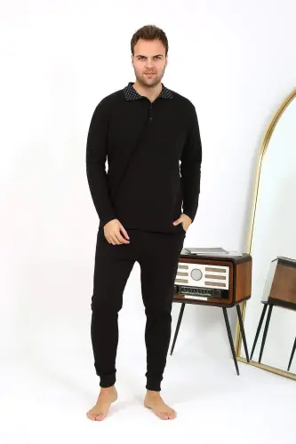Angelino Men's Polo Neck Long Sleeve Cotton Pajama Set Black 6864 - 6