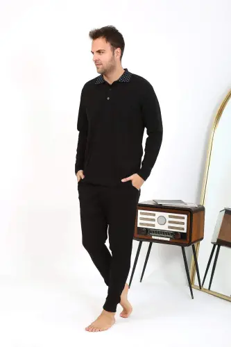 Angelino Men's Polo Neck Long Sleeve Cotton Pajama Set Black 6864 - 8