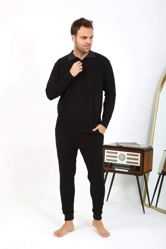 Angelino Men's Polo Neck Long Sleeve Cotton Pajama Set Black 6864 - 10